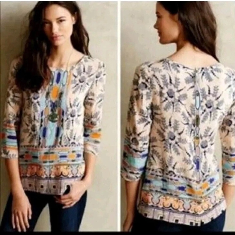 Maeve Anthropologie Womens Cream Button Back Silk Sydney Blouse Top Shirt Size 4